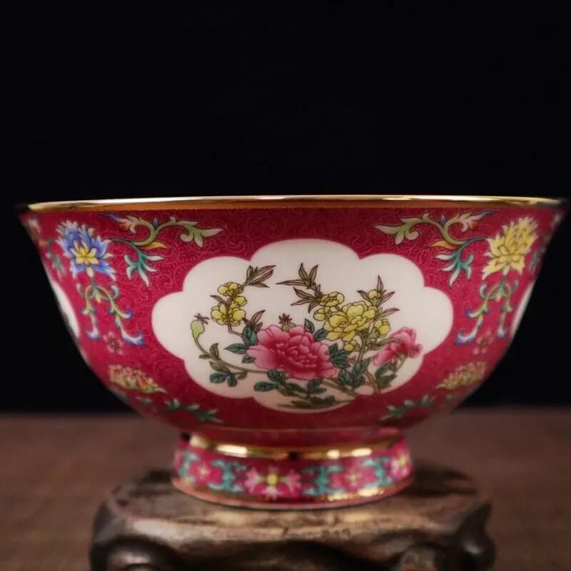 6.1" Chinese Color Powder Porcelain Outline Gold Flowers Pattern Bowl Collection Nice Art Work