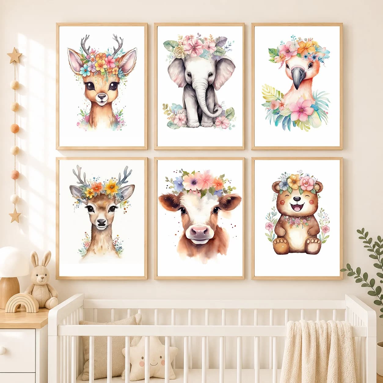 Nursery Plant Flower Wall Art, Bear Deer Elephant Canvas Painting, Minimalist Animal Poster Print for Baby Kids Bedroom Decor