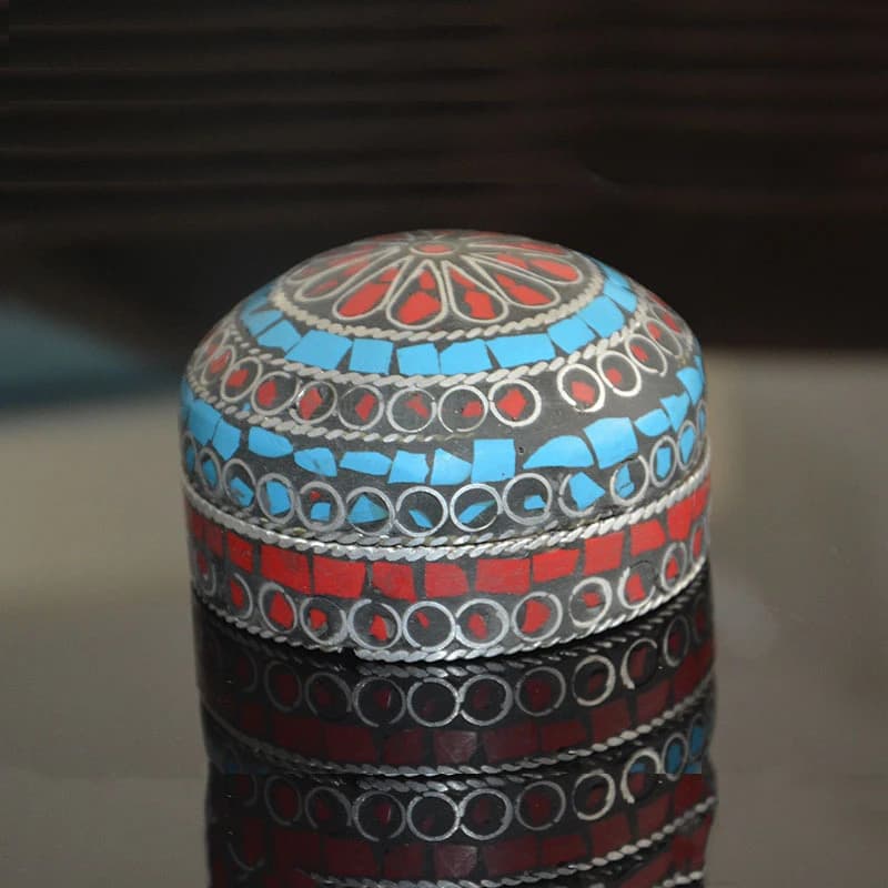 turquoise jewelry , ring and earring storage box, round, Tibetan ethnic style, handmade in Nepal