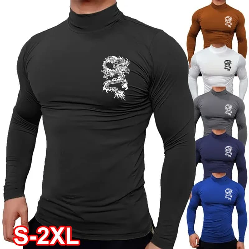Long Sleeve T- Shirts Men's Dragon Printed Fitness Workout Compression Shirt Gym Training Tops Muscle Tees