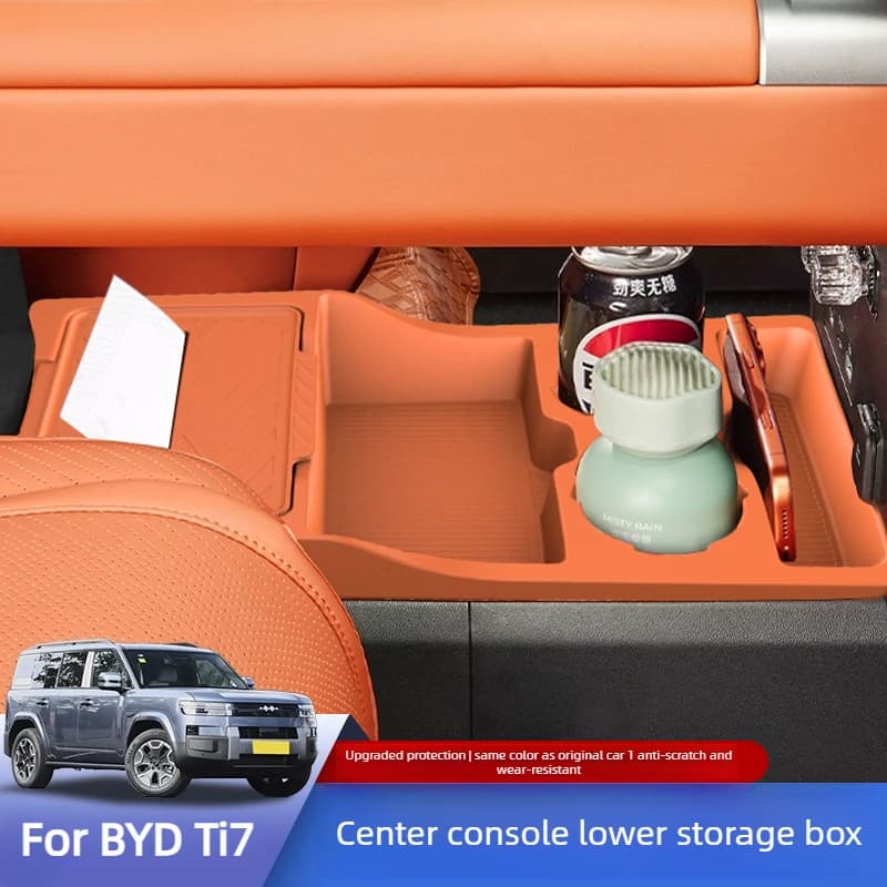 For BYD Ti7 Central Control Lower Storage Box Silicone Double-layer Partition Storage Tray Waterproof Car Interior Accessories