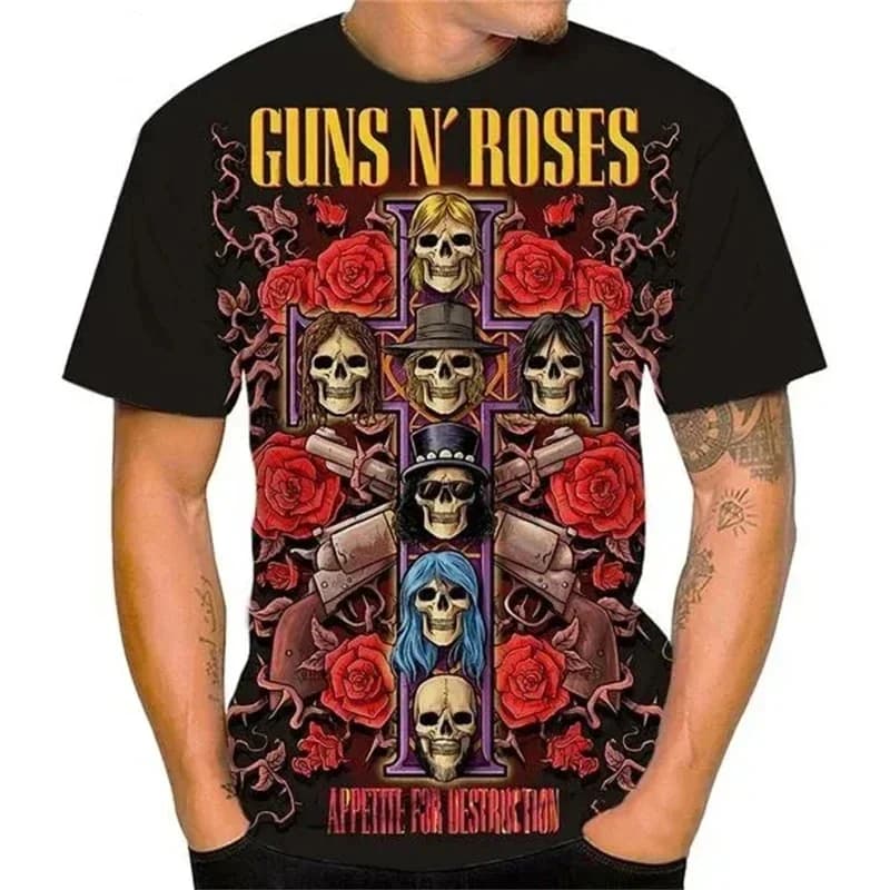 Retro Guns N Roses 3D printed round neck T-shirt for men's casual outdoor short sleeved rock band oversized hip-hop T-shirt