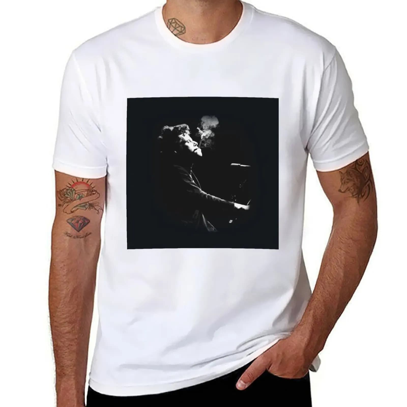 Tom Waits Smoking a Cigarette and Playing - Black and White T-Shirt t shirt man casual man t shirts for men casual T-Shirt
