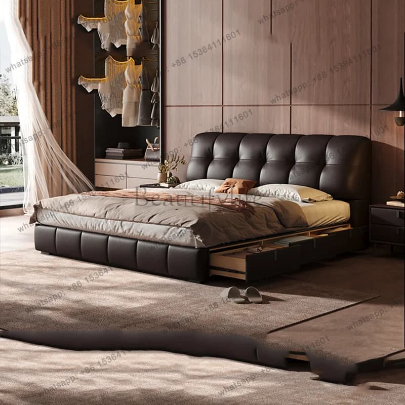 FG Floor Leather Bed Space Saving Storage Wooden Frame Modern Bed Headboards Double Design European Muebles Lounge Suite Furnitu