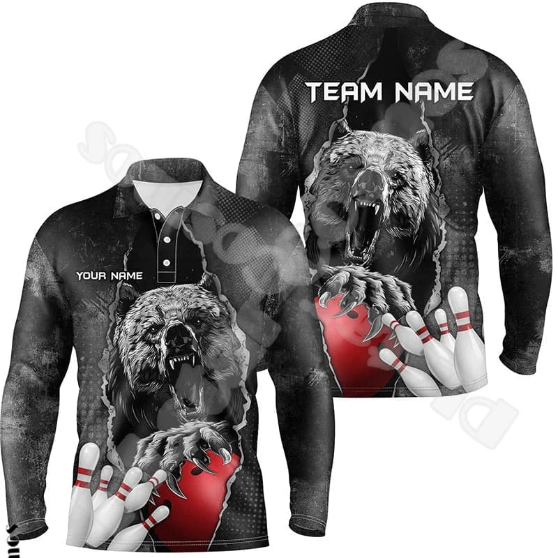 Custom Name Strike Bowling Player Flame Graffiti Tattoo Retro 3DPrint Harajuku Unisex Long Sleeves Polo Jersey Collar Shirts X1