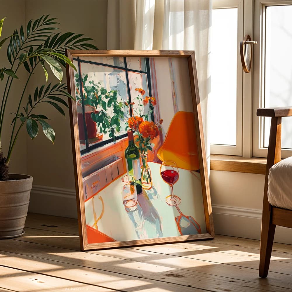 Colorful Window Side Wine Flower Still Life Canvas Poster Wall Art,2D Print Wall Decor,Aesthetic Home Decor Gift For Living Room
