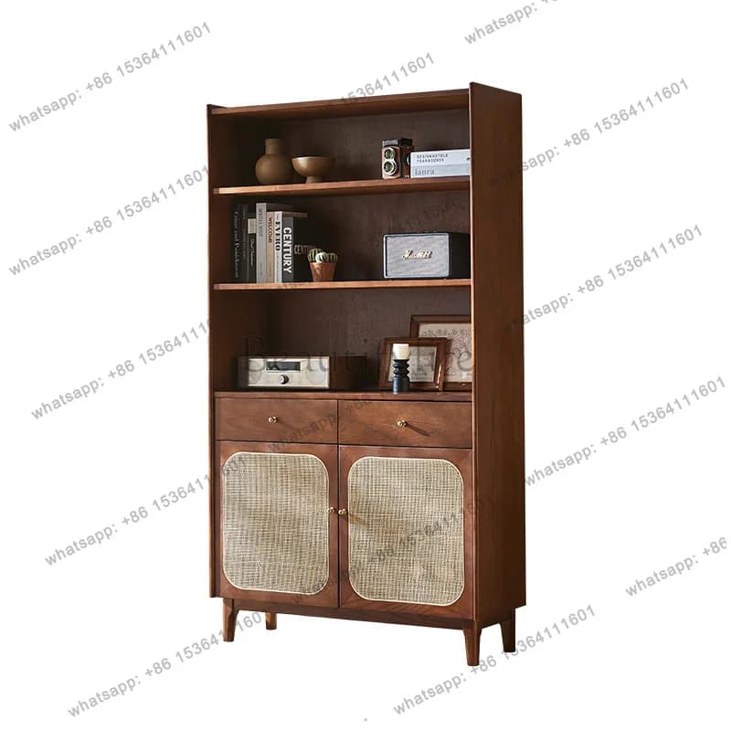 Nordic solid wood bookcase floor-to-ceiling rattan display Japanese retro locker rack