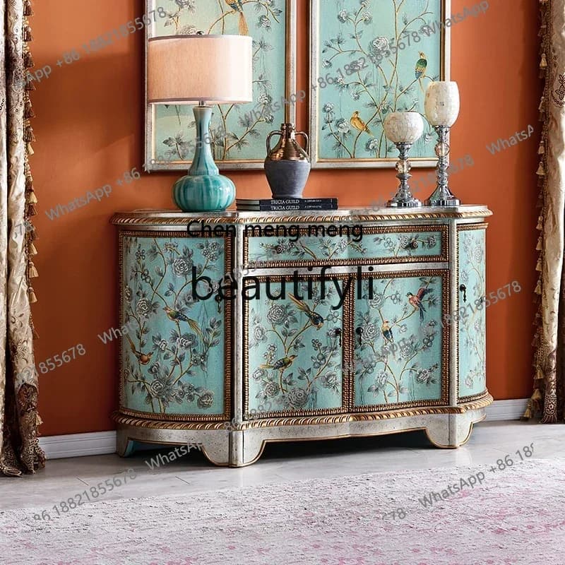 D178  American painted entrance cabinet, side cabinet, pure hand-painted storage semi-circular decorative cabinet