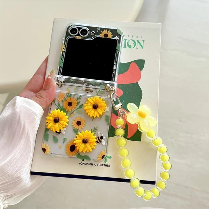 Z Flip 8 Case Cute Floral Sunflower Hard Clear Flip Cases For Samsung Z Flip 8 Zflip7 Flip6 5 Protective Case With Wrist Chain
