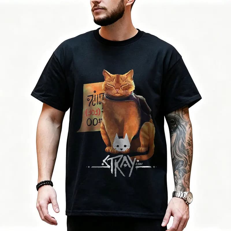 Stray Video Game Cat Graphic T‑Shirt O‑Neck Short Sleeve Unisex Tees Cyberpunk Stray Cat Print Casual Streetwear For Gamer Fans