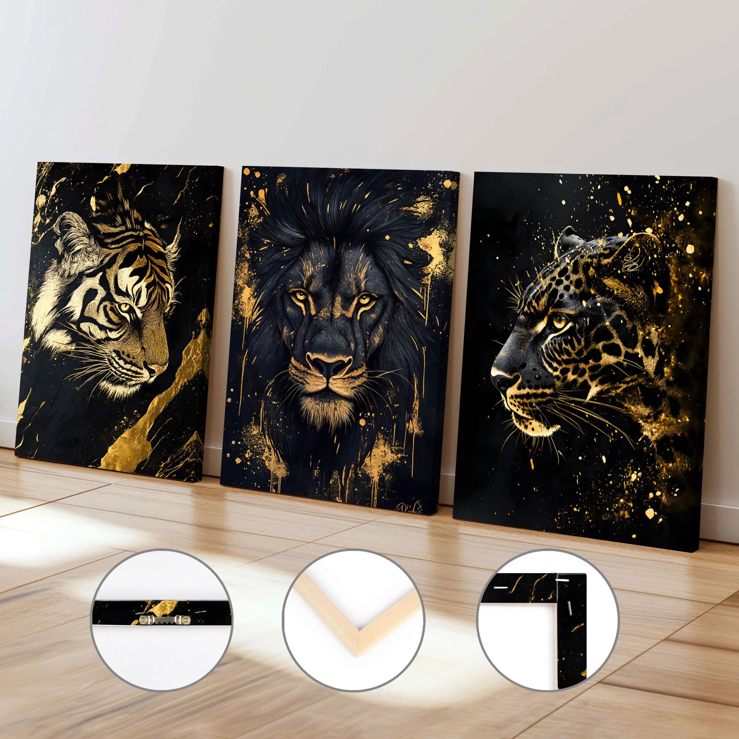 Scandinavian Black Gold Animal Art Decor Modern Tiger Lion Cheetah Framed Canvas Painting Living Room Bedroom Office Wall Decor