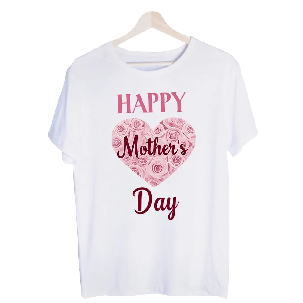 Women's Happy Mother's Day Rose Heart Graphic Tee, Short Sleeve Crew Neck T-Shirt for Mother's Day Celebrations