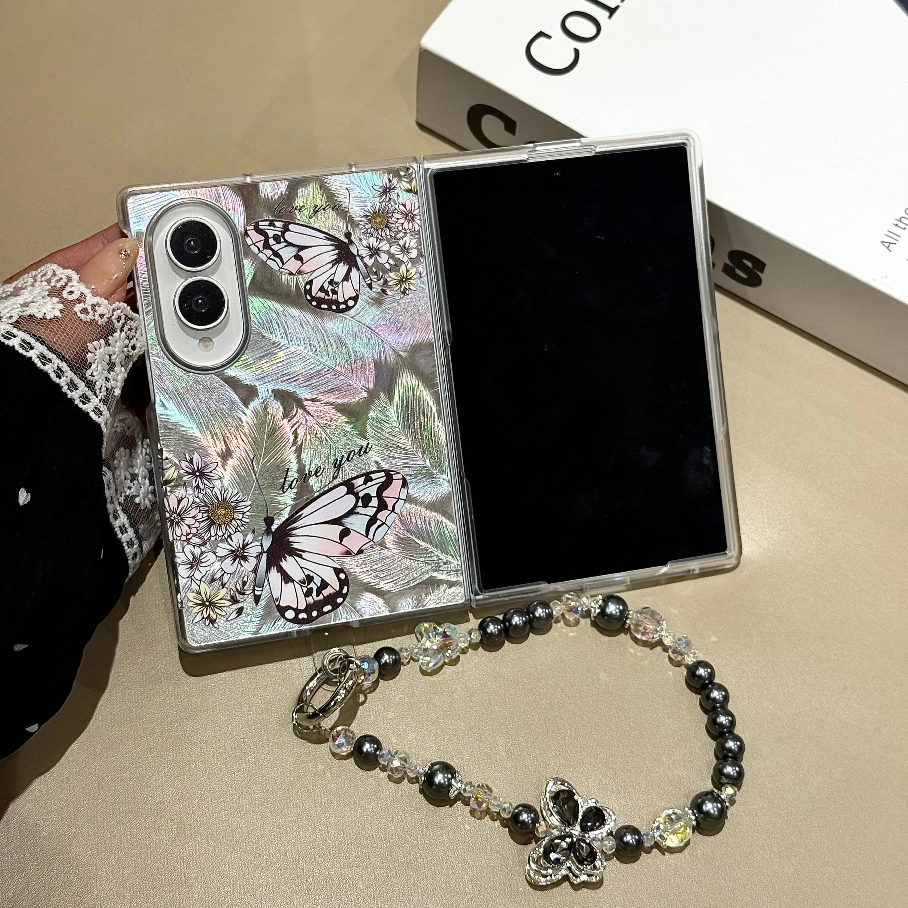 Butterfly Foldable Phone Case For Samsung Galaxy Z Fold 8 Ultra 7 6 5 4 3 Floral Print Hinge Hard Cover With Black Pearl Flower