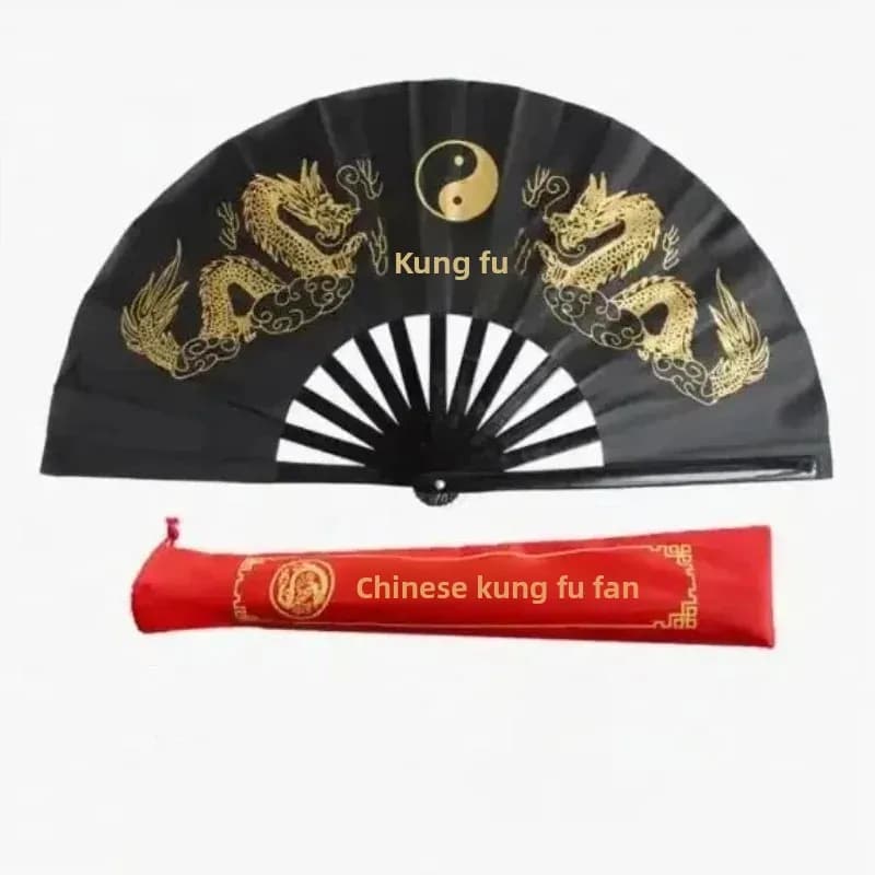 Chinese Tai Chi Fan Bamboo Ribs Double Dragon Kung Fu Fold Ring Fan Classical Red Performance Martial Arts Fitness Dancing Fans