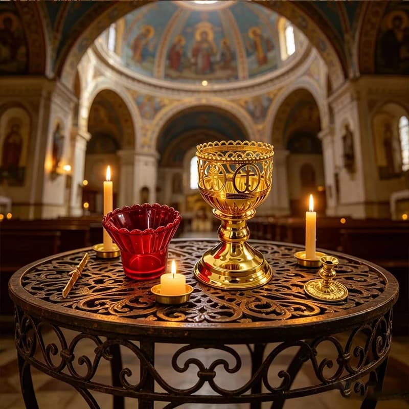 Gold Plated Catholic Orthodox Candle Holder Set with Red Glass Insert for Home Altar Church Prayer Christian Religious Gift Deco