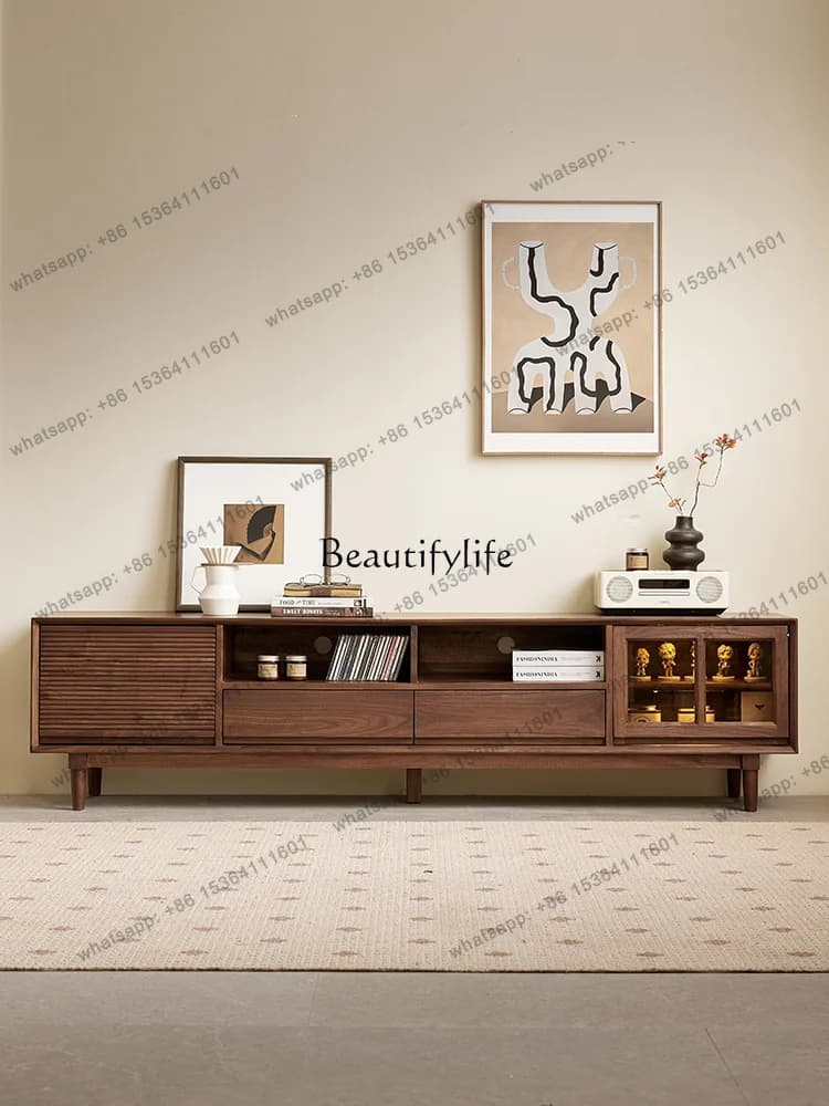 PJ North American Black Walnut Nordic Simple All-solid Wood TV Cabinet Home Living Room Audio-visual Cabinet