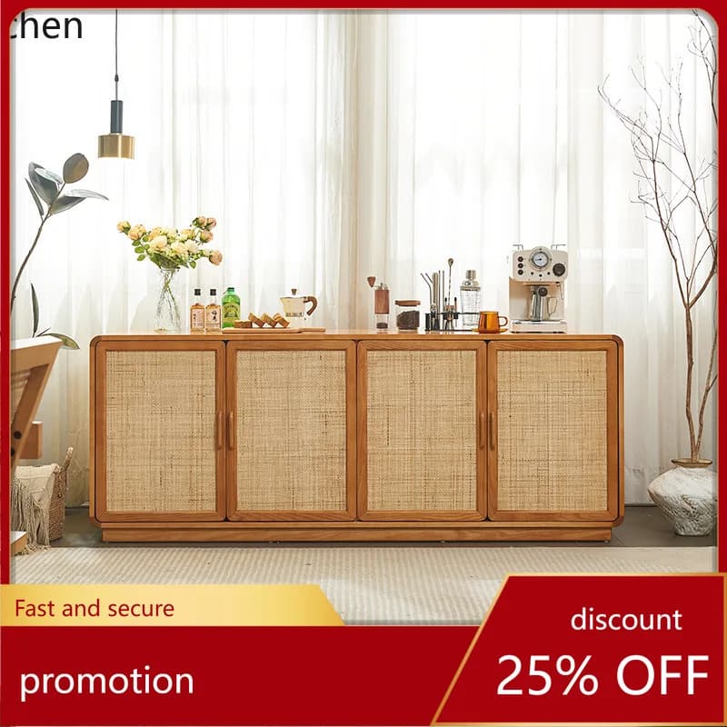 ZML Solid Wood Rattan Storage Vintage Living Room Sideboard Storage Cabinet Entryway Cabinet