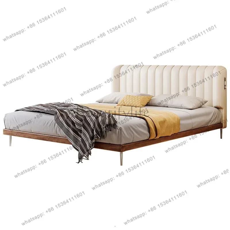 White Lumbar Support Bed Frames Charging Station Modern Loft Adults Bed Frames King Size Low Lit 2 Personnes