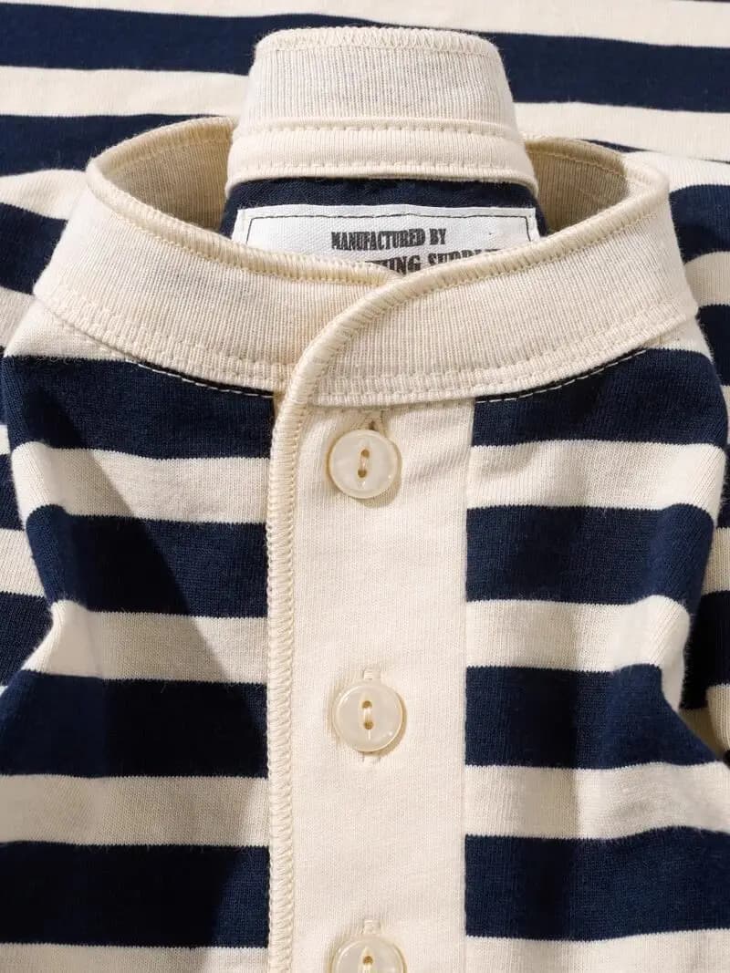 Women's Navy & Cream Striped Henley Neck Long Sleeve Casual Pullover Top Loose Fit Daily Wear T-Shirts