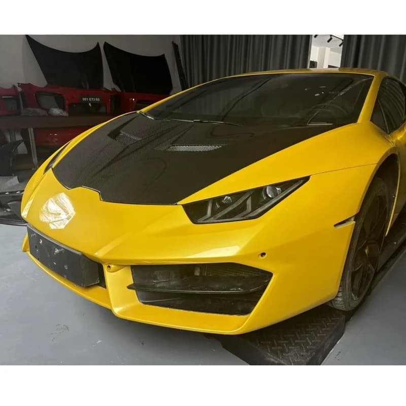 High Quality Wet Carbon‑Fiber Front Bumper and Engine Hood Bonnet, Aftermarket Auto Body Accessories Luxury Supercar
