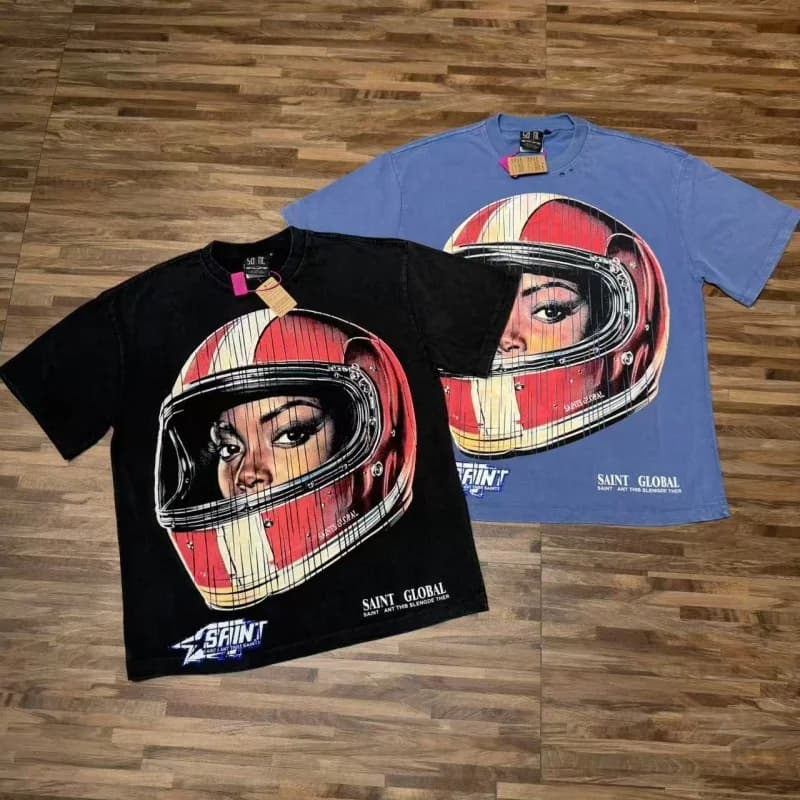 SAINT Racer Graphic T-Shirt - Retro Racing Helmet Print, 90s Streetwear Oversized Cotton Tee Men's Casual Top Y2K Aesthetic