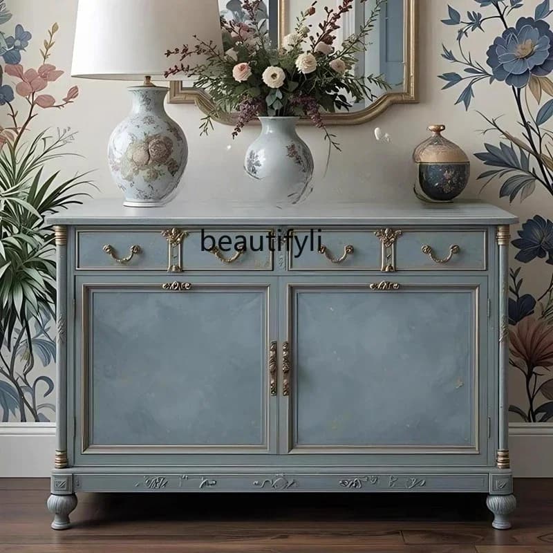 French Retro Solid Wood Entryway Cabinet Hallway Partition Cabinet Living Room Decorative Storage Vintage Style Side Cabinet