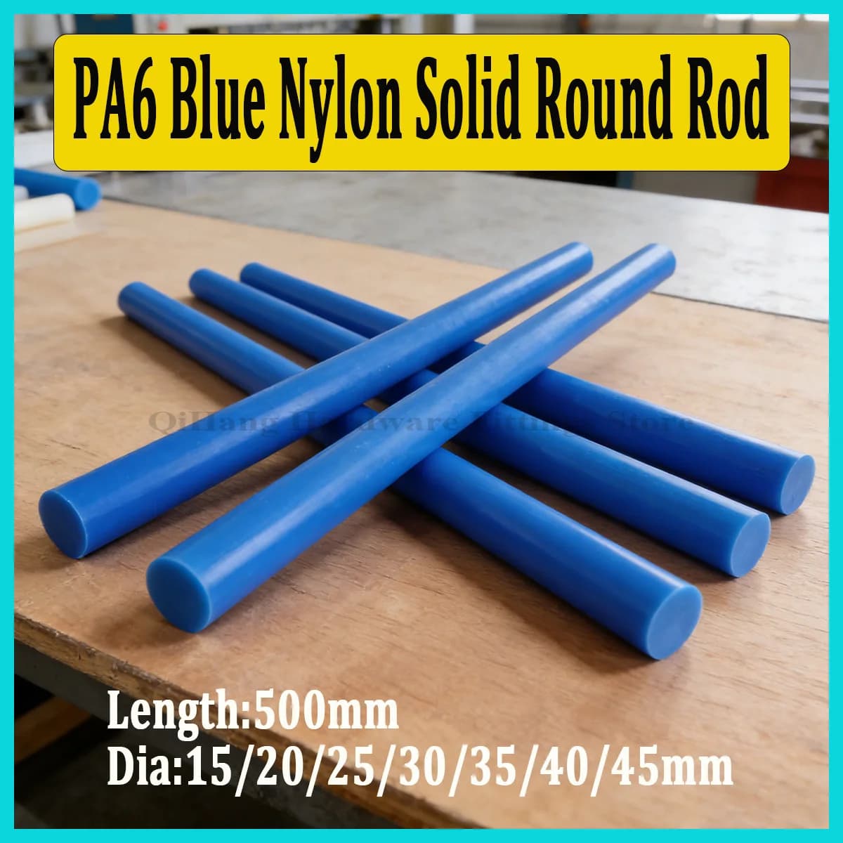 1Pc PA6 Blue Nylon Solid Round Rod 500mm Length, Diameter 15-45mm Wear Resistant Tough Plastic Bar for CNC DIY Engineering
