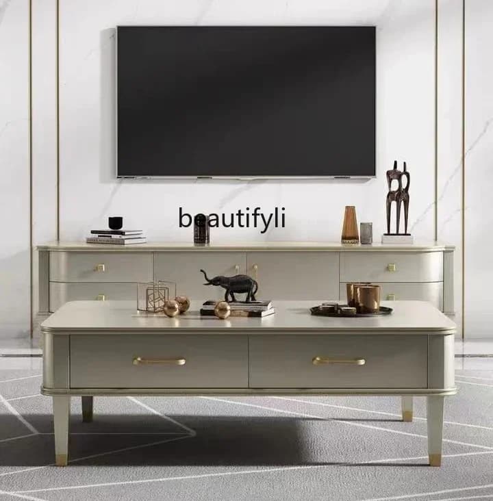 54Light luxury TV cabinet coffee table combination living room floor cabinet modern simple American solid wood video cabinetSSS