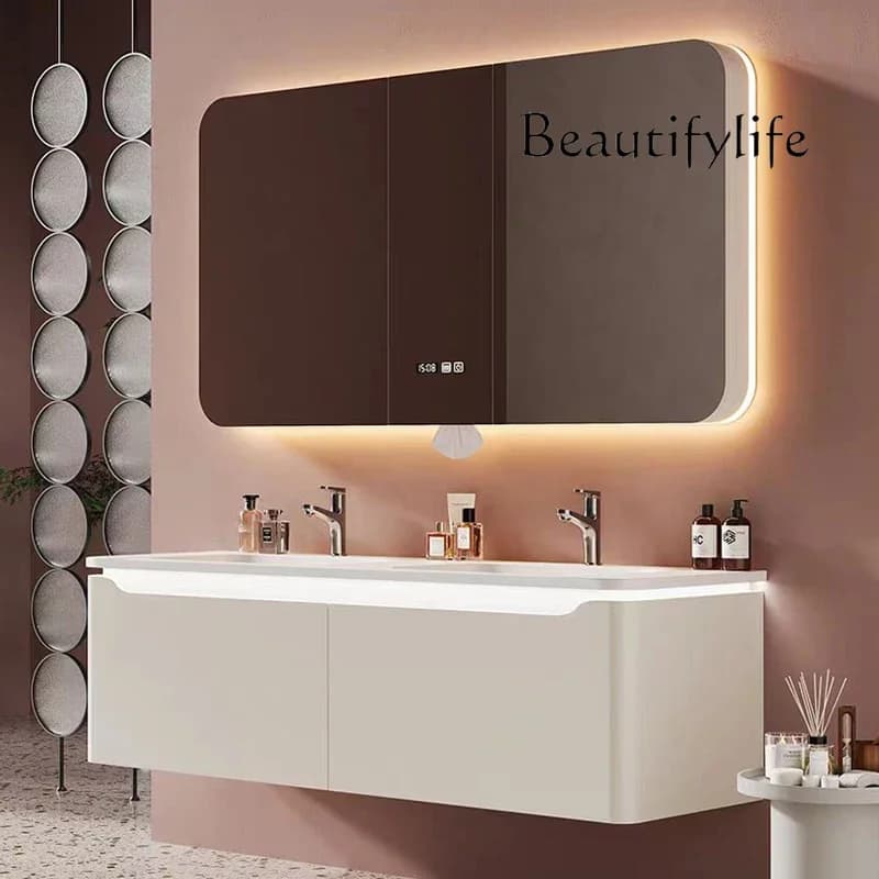 X Rock Slab Hot Bending Ceramic Seamless Integrated Washbasin Bathroom Cabinet Combination Solid Wood Double Basin Designer Mode