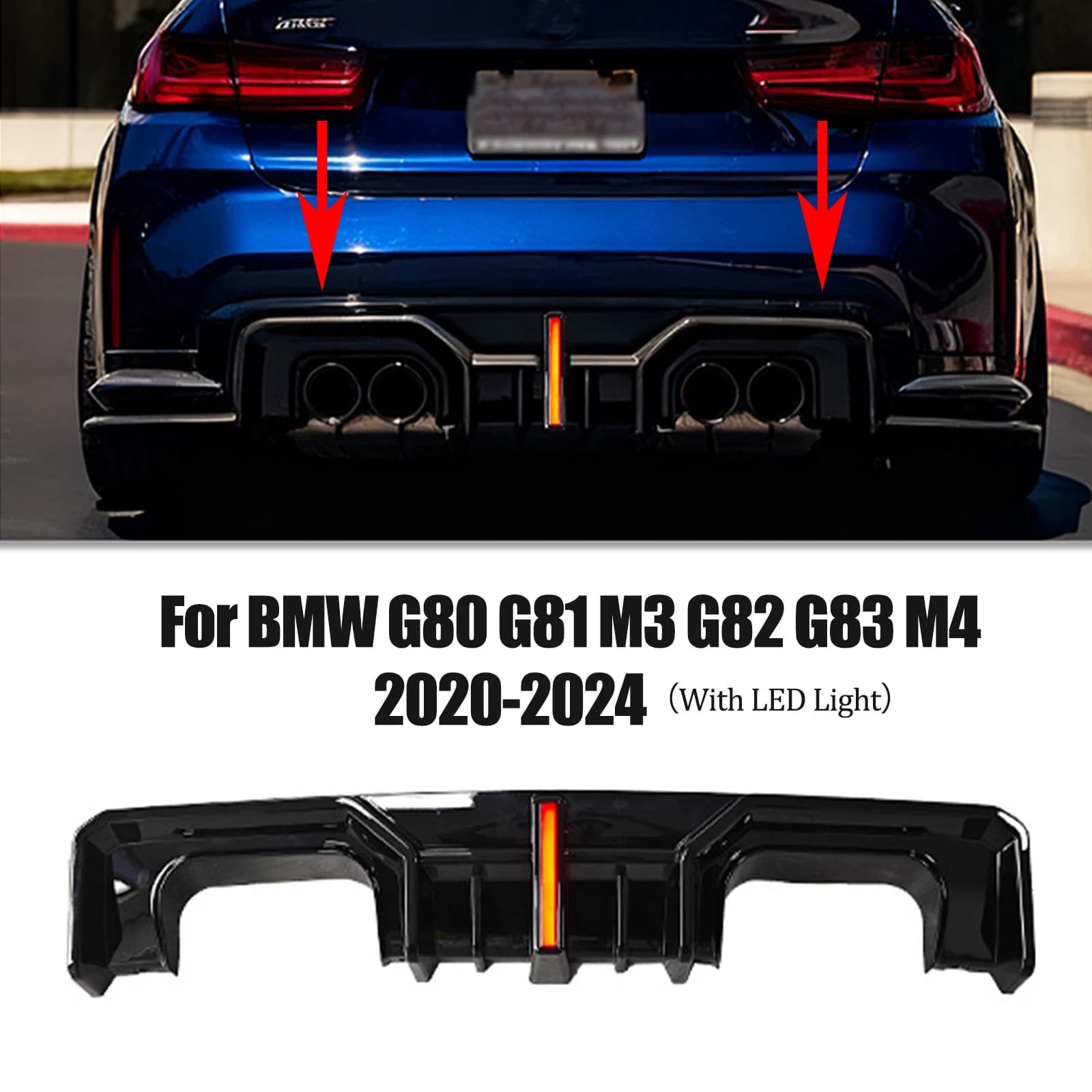 For BMW G80 G81 M3 G82 G83 M4 2020-2024 Rear Bumper Lip Diffuser with LED Lights Spoiler Splitter Guard Carbon Fiber Look Glossy
