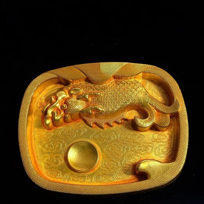 Copper crocodile inkstone hand-carved dragon playing with pearls and auspicious cloud patterns, calligraphy utensil, study