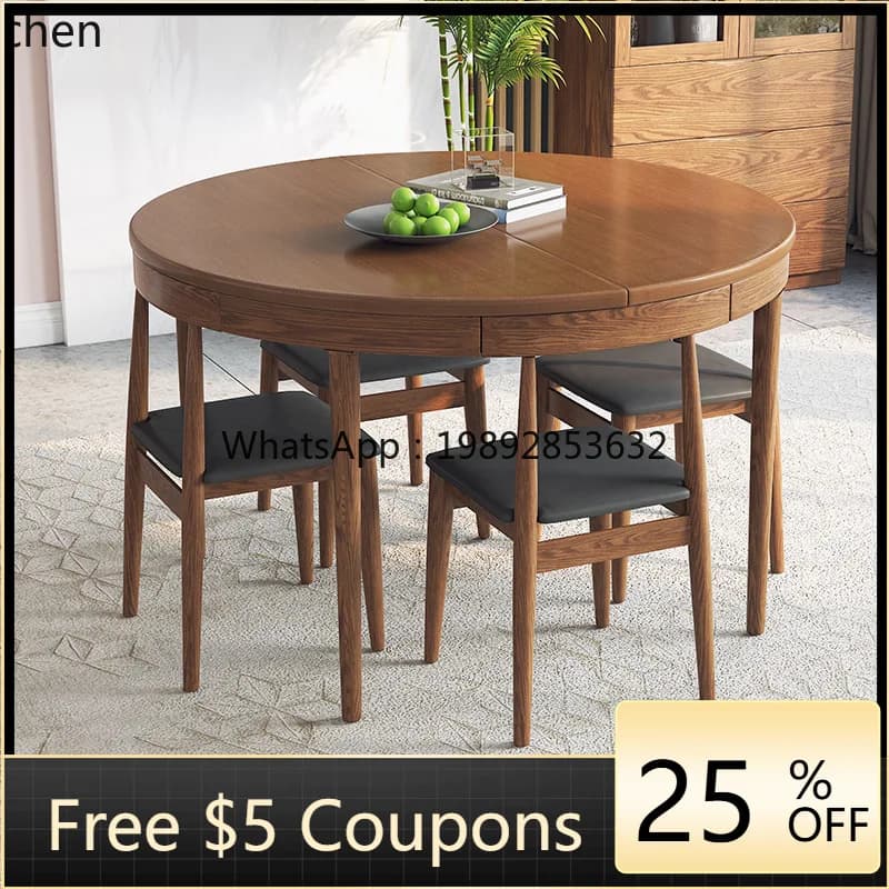 solid wood retractable folding table household Nordic small apartment dining table and chair combination round dining table