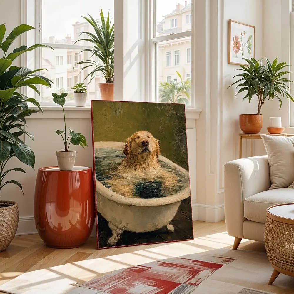 Vintage Oil Painting Style Golden Retriever in Bathtub Canvas Poster Wall Art, Suitable for Living Room Bedroom Home Decor Paint
