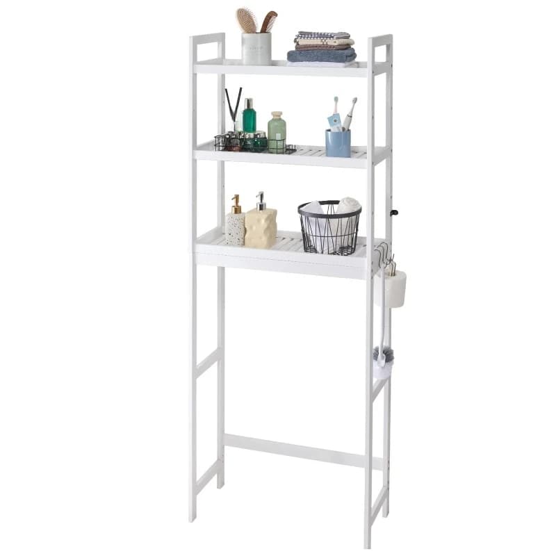 Over the Toilet Storage Adjustable Over Toilet Bathroom Organizer, Bamboo Storage Shelf Rack with 3 Hooks,  Space Saver