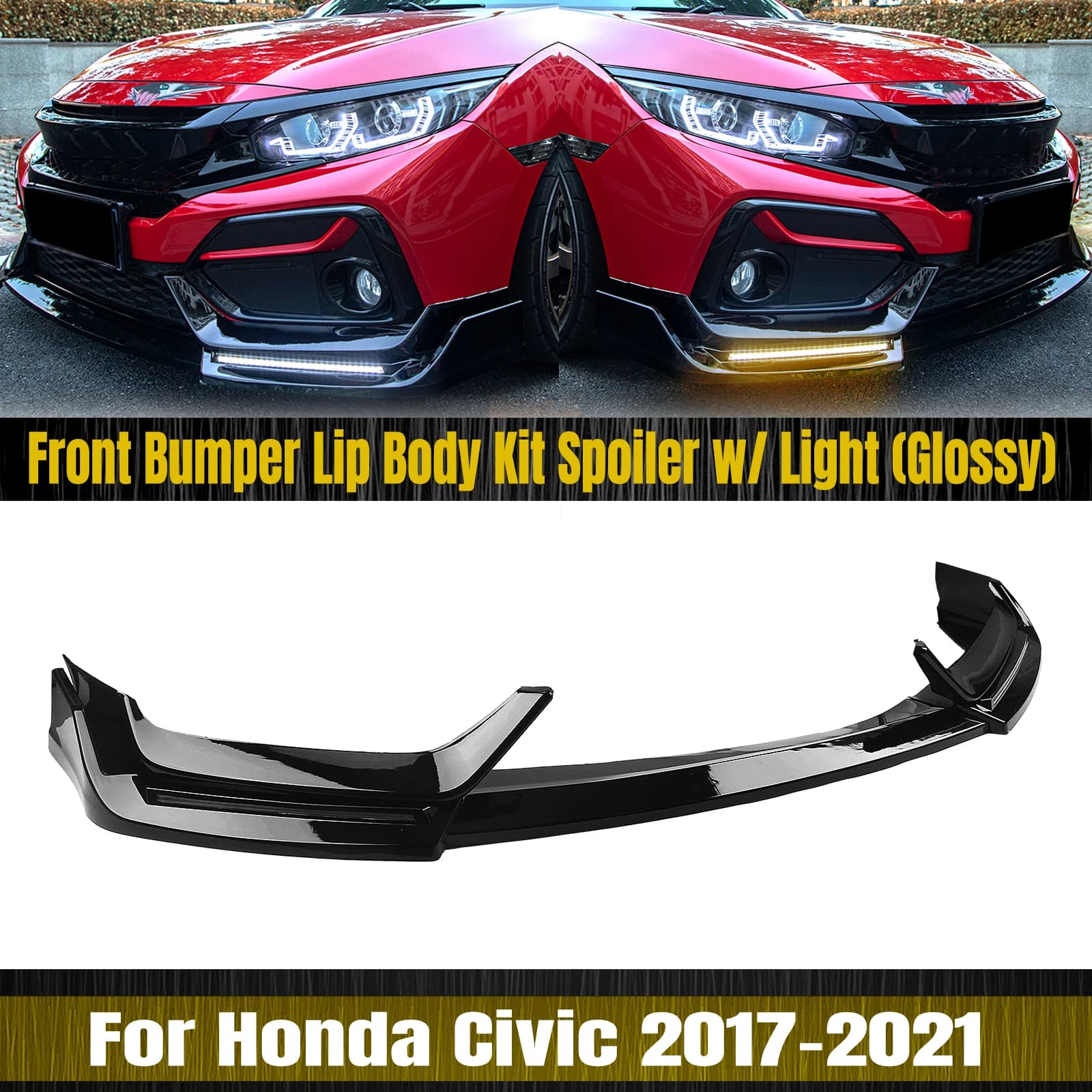 Front Bumper Spoiler Lip For Honda Civic Si Hatchback 2017-21 10th Gloss Black/Carbon Fiber Look Lower Splitter Blade With Light