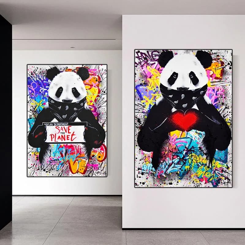Street Graffiti Poster Pop Style Masked Panda Canvas Painting Save Love Print Hanging Pictures Wall Art Murals Home Decor Framel