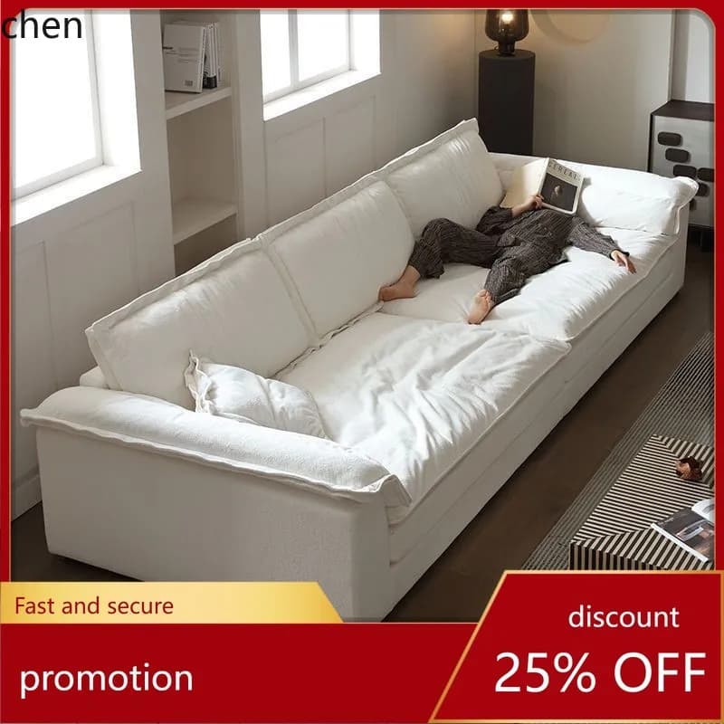 HT New Fabric Sofa Modern Simple Cream Style Living Room Large Deep Seat Straight Row Sailboat Sofa