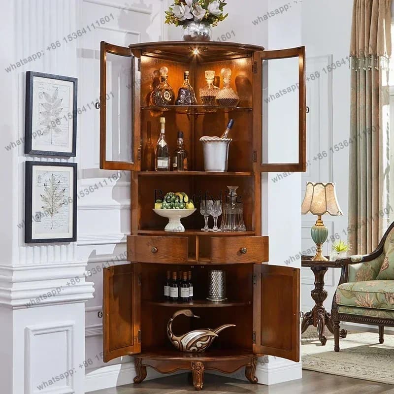 PJ American Solid Wood Triangular Cabinet Guest Restaurant Corner With Lamp Premium Wine Cabinet
