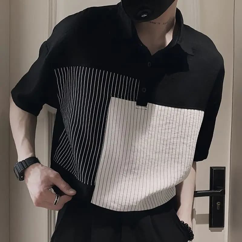2025 Summer Ice Silk Men Short Sleeve Polo T Shirts Striped Spliced Fashion Business Casual 2xl Oversized Clothing Office Black