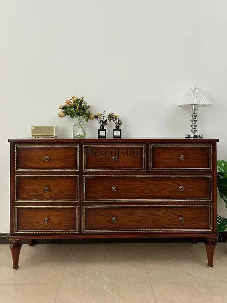 35Retro Bedroom American Solid Wood Storage Cabinet European Storage Chest TV Old Drawer Door Cabinet