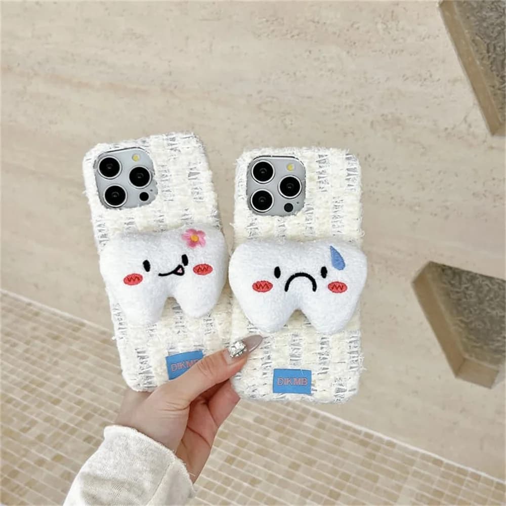 Korea Cartoon Ins white 3D Teeth Phone Case For iPhone 18 Pro 14 15 16 17 Pro Max Cover Shockproof Cute Plush Cases 18 Promax