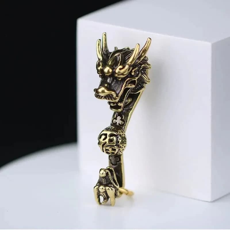 Vintage Brass Double Dragon Pendant Hand Carved Solid Brass Dragon Ornament Keychain Luck Amulet Jewelry