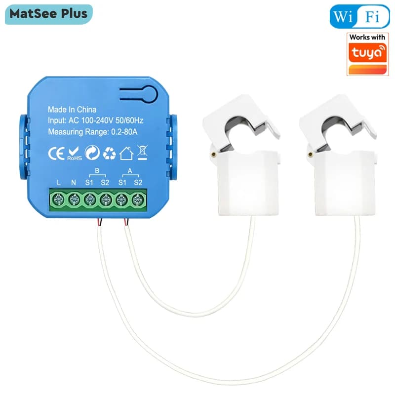 Smart Life WiFi Bidirectional Energy Meter 2 Channel with 80A Clamp App Monitor Solar Export and Import Power AC100V/240V