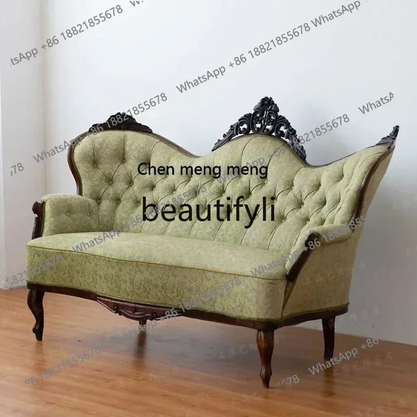 D178  American solid wood sofa retro old carved fabric casual double three light luxury studio living room