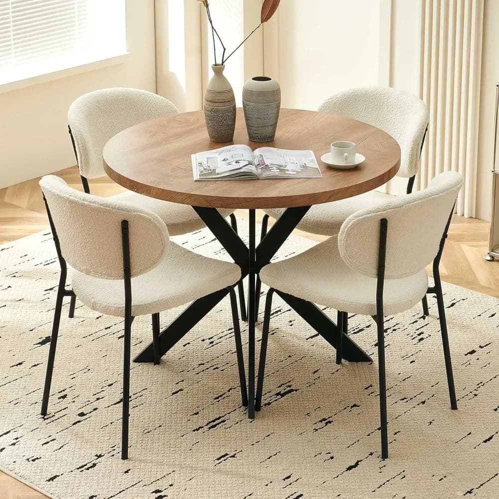 Round Dining Set for 4, Modern 5-Piece Kitchen Table Set, 37" Round MDF Living Coffee with 4 Seated Boucle Dining