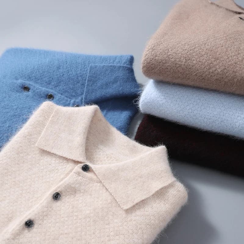 Autumn Winter New Men's Mink Cashmere Lapel Pullover T-Shirt Polo Collar Solid Color Wool Knitted Long Sleeve Sweater Business