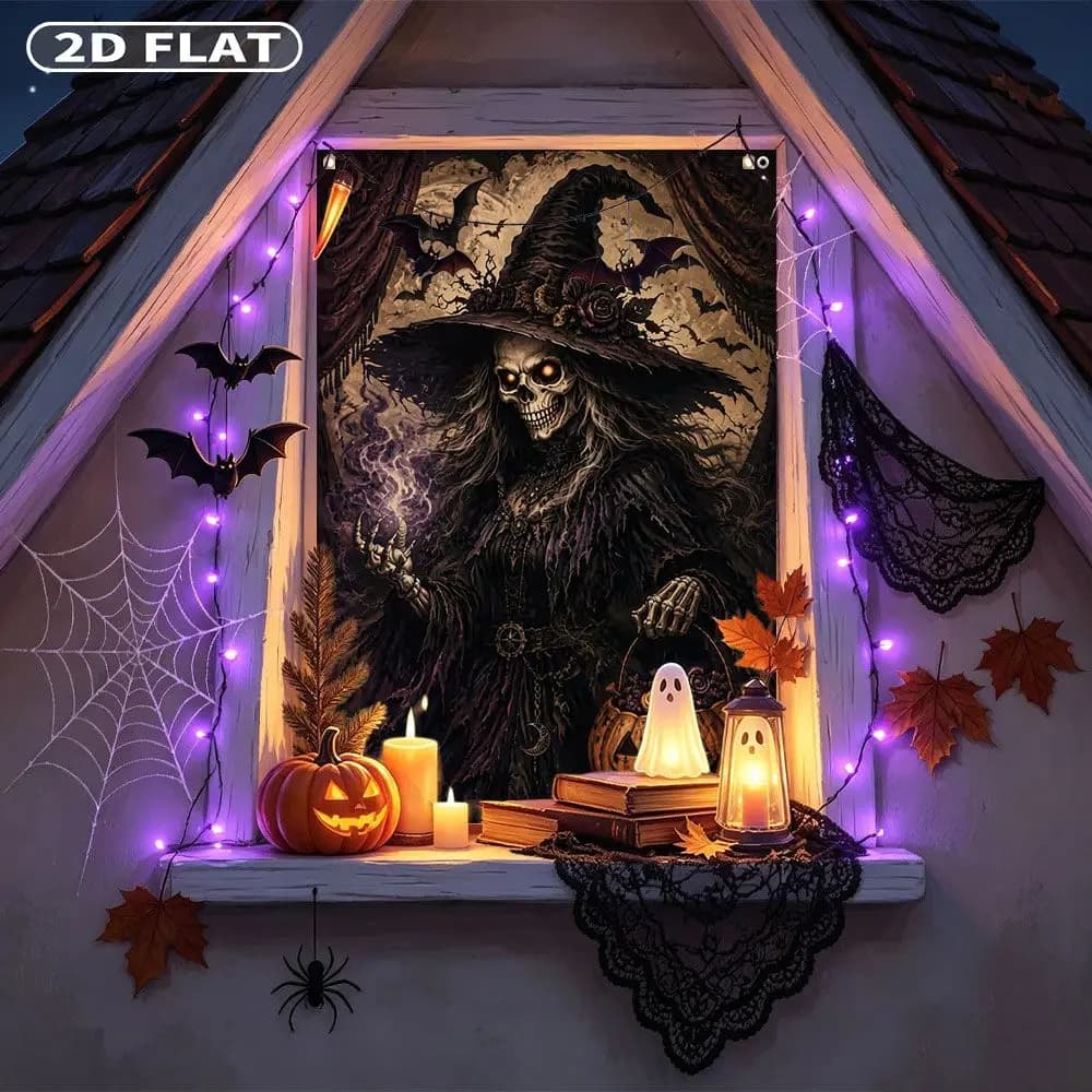 2D FLAT 1pc Party Window Cover Banner, with Skeleton Witch Holding Pumpkin Basket With Bats, No Power Need Home Decor