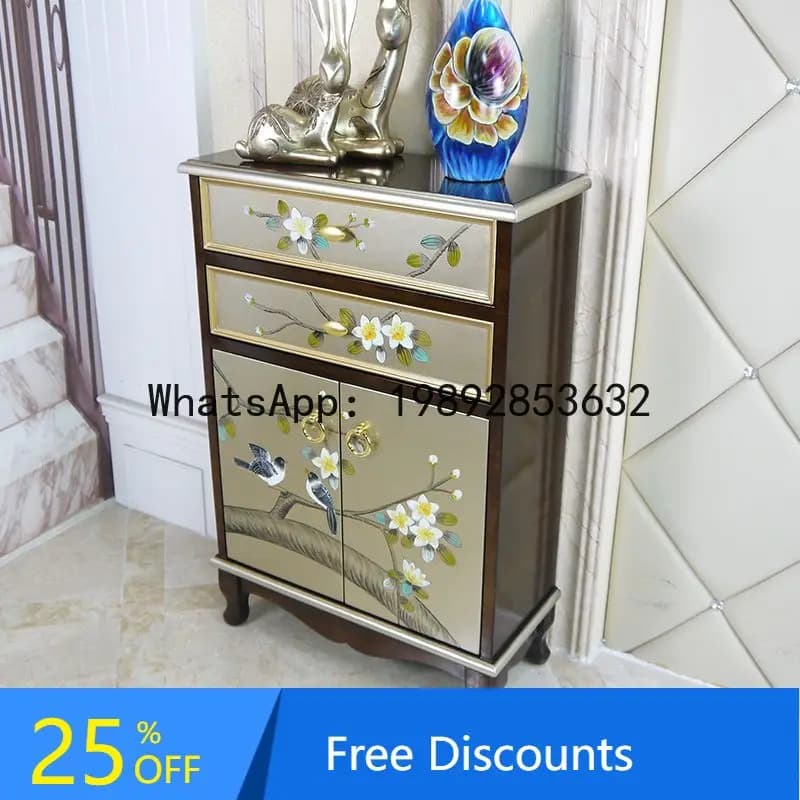 CZ  Shoe Cabinet Integrated Living Room New Chinese Style Hand-painted Hallway Sideboard American Style Solid Wood Wine Cabinet