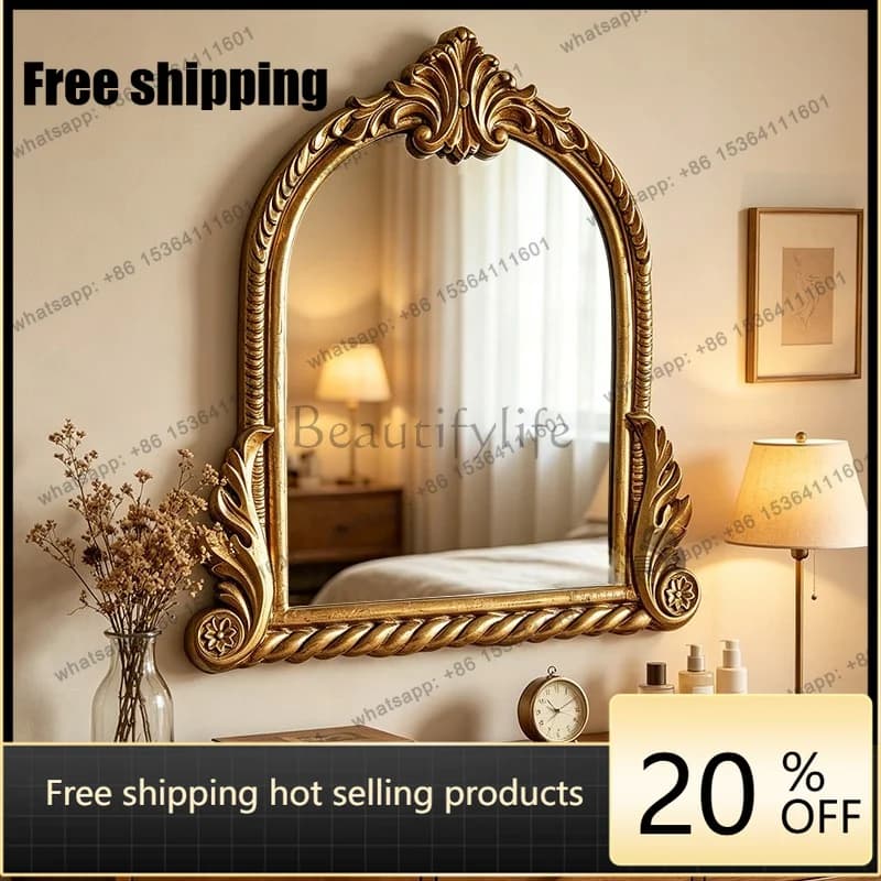 YJ European Retro Carved Wall Mirror Arch Vanity Decor Mirror French American Style For Bathroom Entrance Dining Side Cabinet