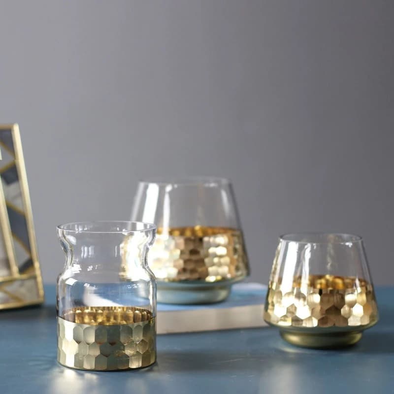 Modern Simple Light Luxury Gold Honeycomb Glass Vase Ornaments Home Decor Creative Soft Handicraft Vases Wedding Decoration